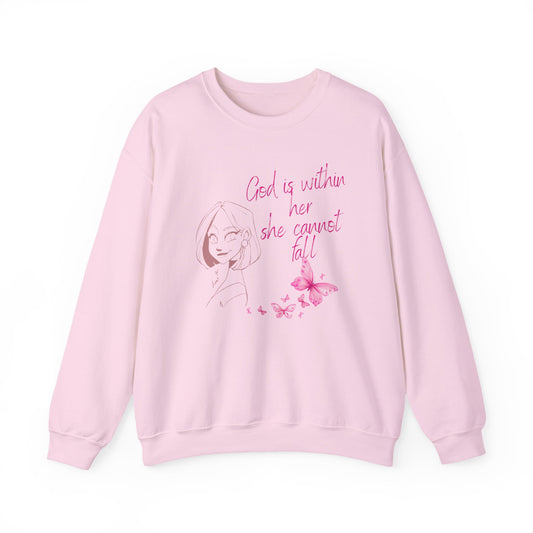Crewneck Sweatshirt — "God is within her, she cannot fail" Pink Floral Faith Design