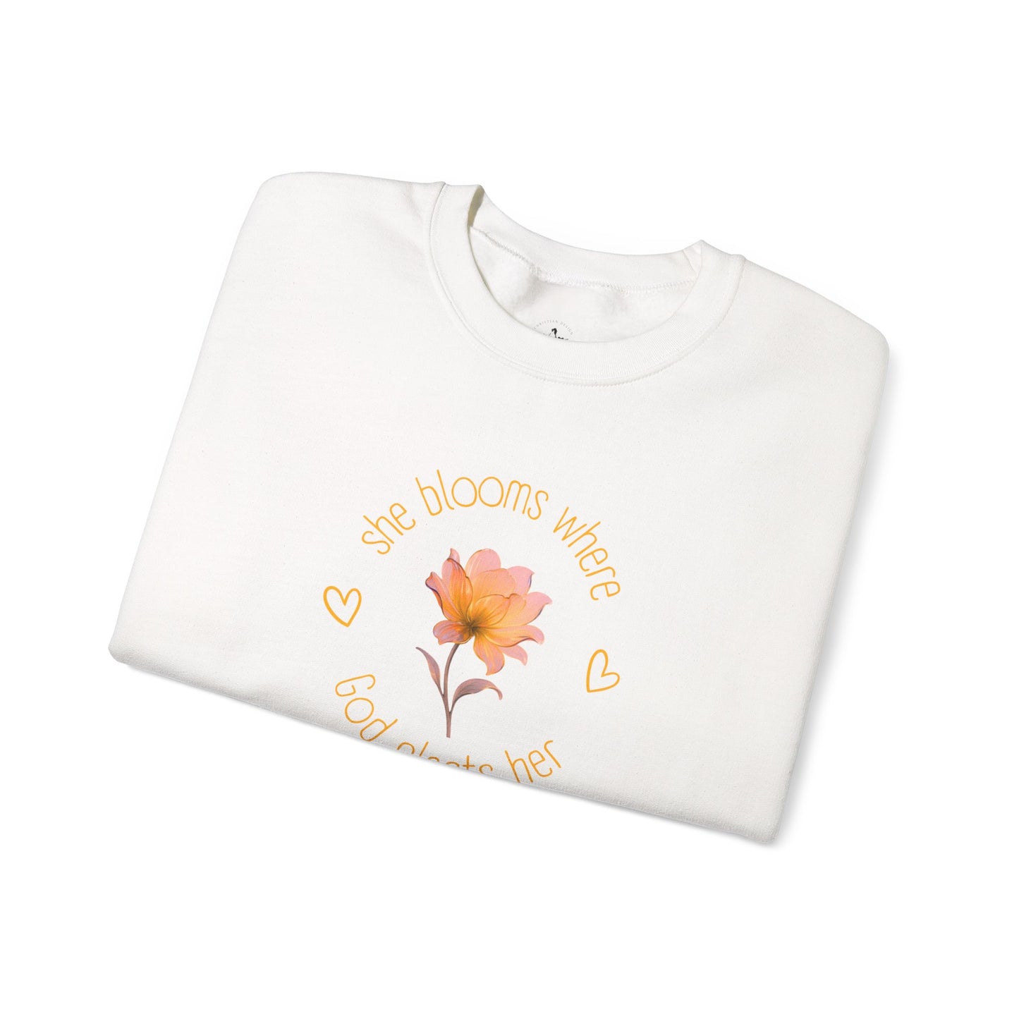 Christian Women's Sweatshirt — "She Blooms Where God Plants Her" | Floral Faith Crewneck | Religious Gift for Her