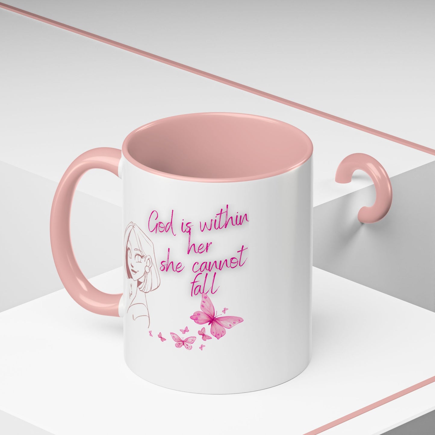 Inspirational Accent Coffee Mug — "God is within her, she cannot fall" (Pink Butterflies)