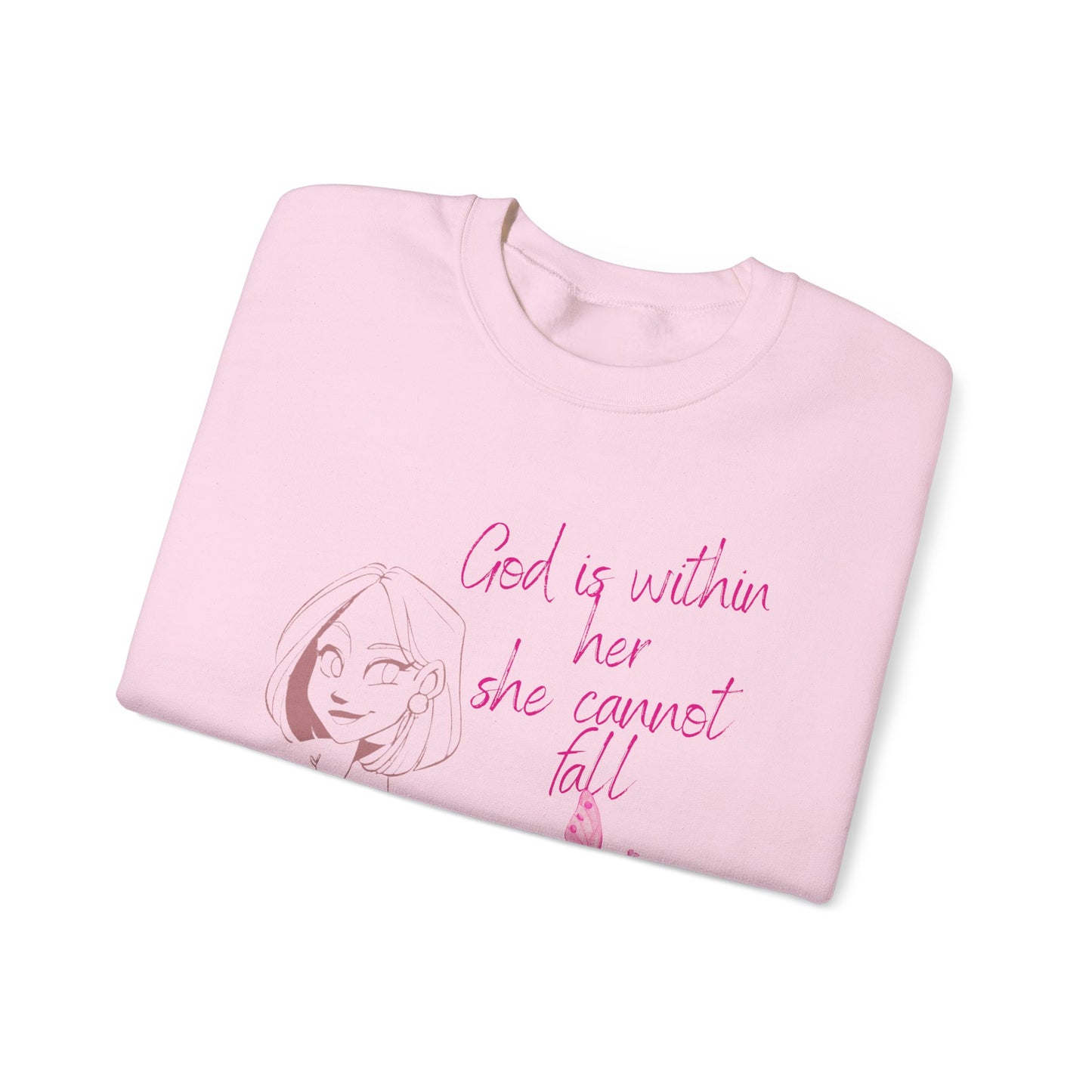 Crewneck Sweatshirt — "God is within her, she cannot fail" Pink Floral Faith Design