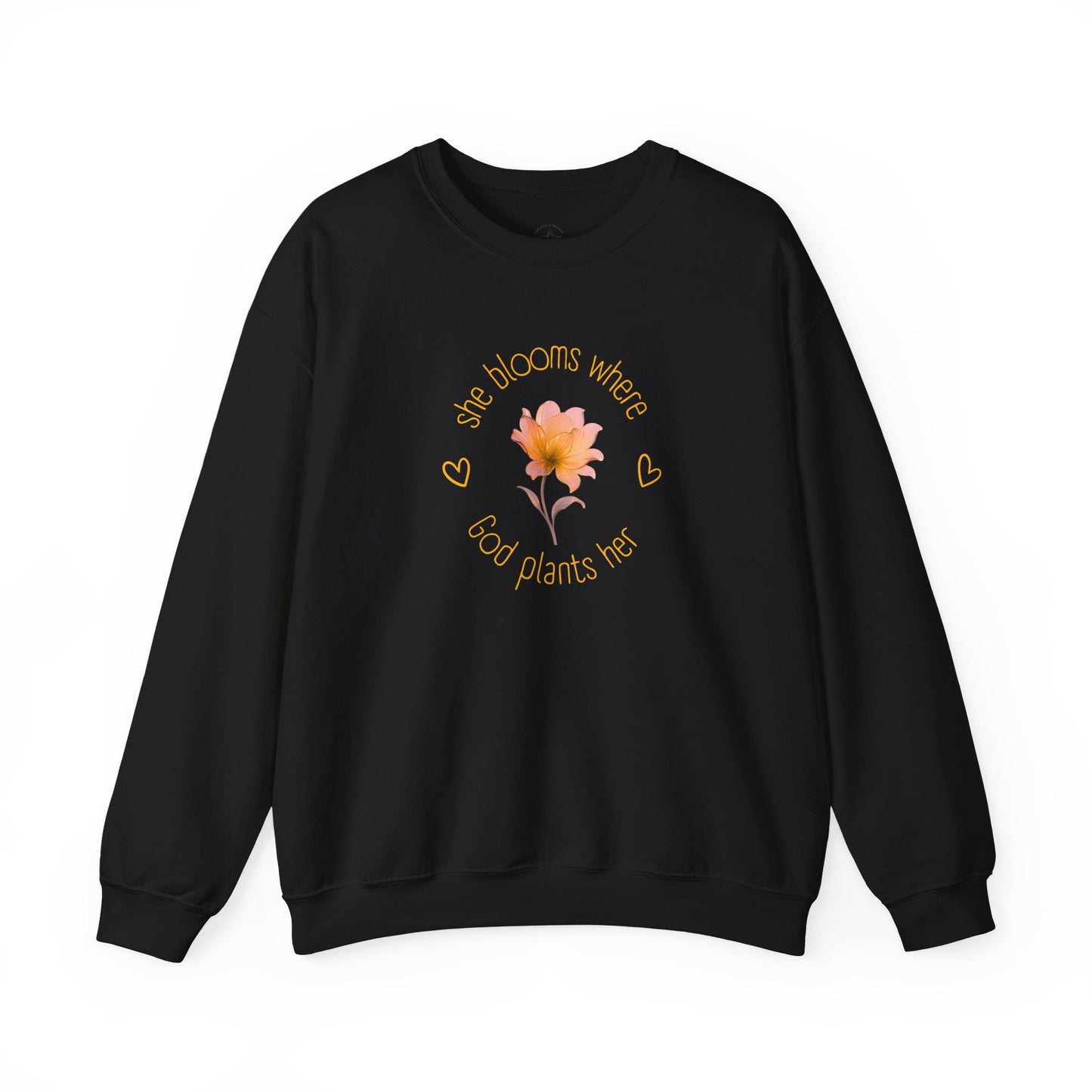 Christian Women's Sweatshirt — "She Blooms Where God Plants Her" | Floral Faith Crewneck | Religious Gift for Her