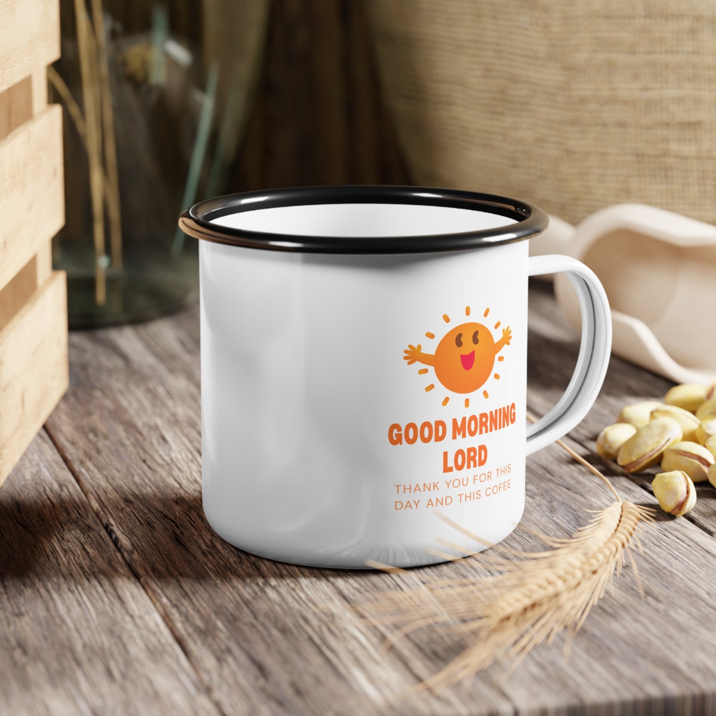 Enamel Camp Cup — "Good Morning Lord" Christian Coffee Mug, Cute Sun Design, Faith & Camping Gift