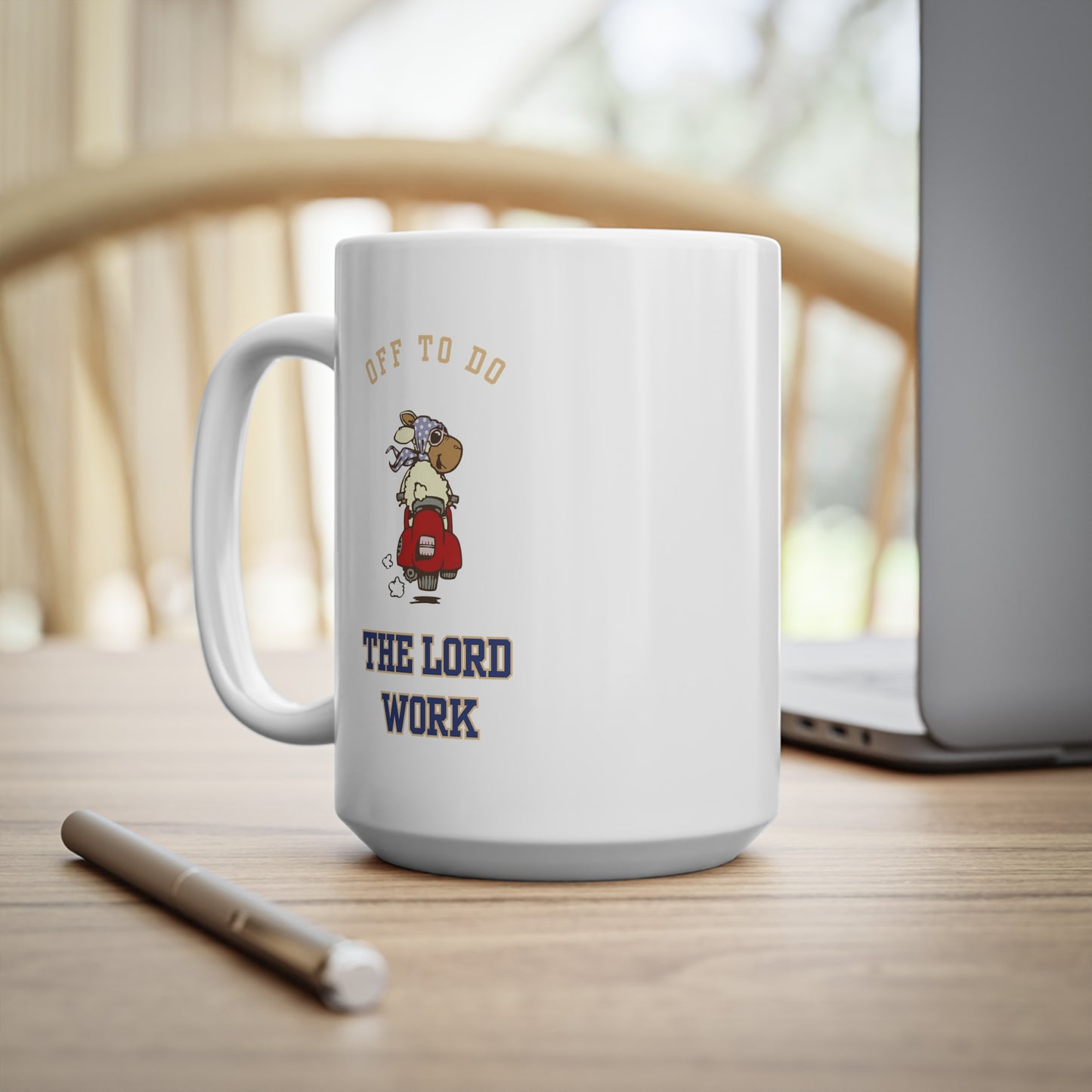 Ceramic Mug - "Off to Do the Lord's Work" Cute Retro Character Faith Coffee Cup (11oz, 15oz)
