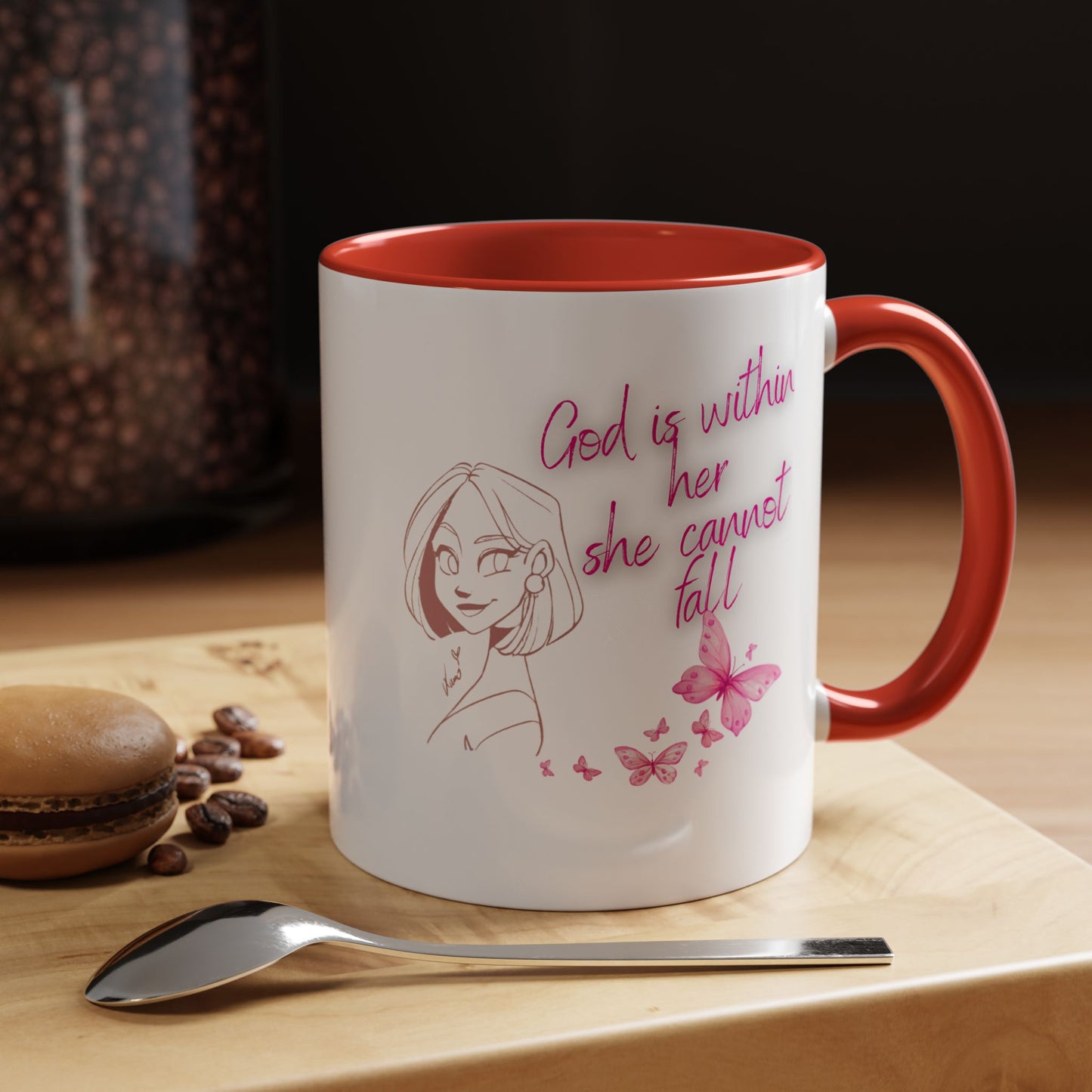 Inspirational Accent Coffee Mug — "God is within her, she cannot fall" (Pink Butterflies)