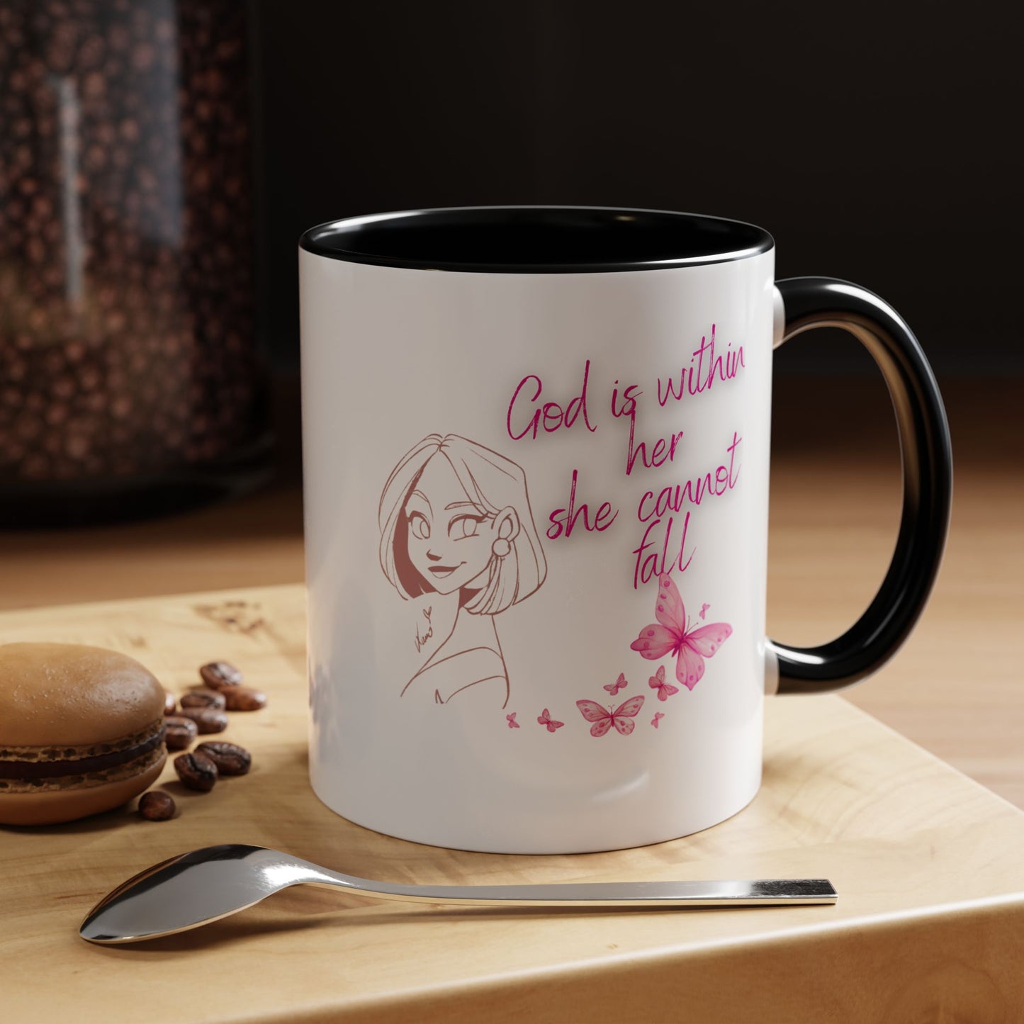 Inspirational Accent Coffee Mug — "God is within her, she cannot fall" (Pink Butterflies)