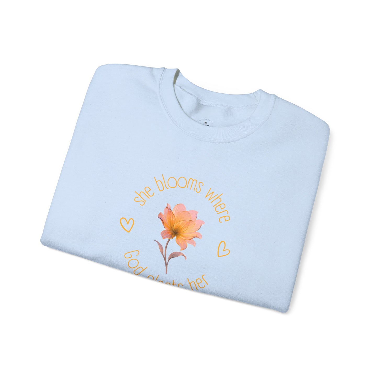 Christian Women's Sweatshirt — "She Blooms Where God Plants Her" | Floral Faith Crewneck | Religious Gift for Her